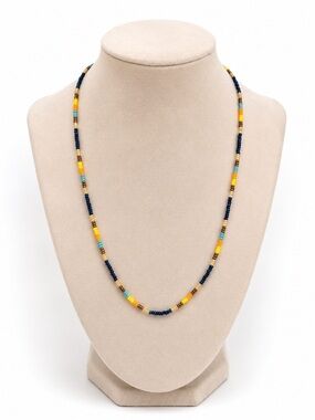 Yellow Blue Beaded Necklace Handmade Colorful Jewelry Unique Artisan Gift